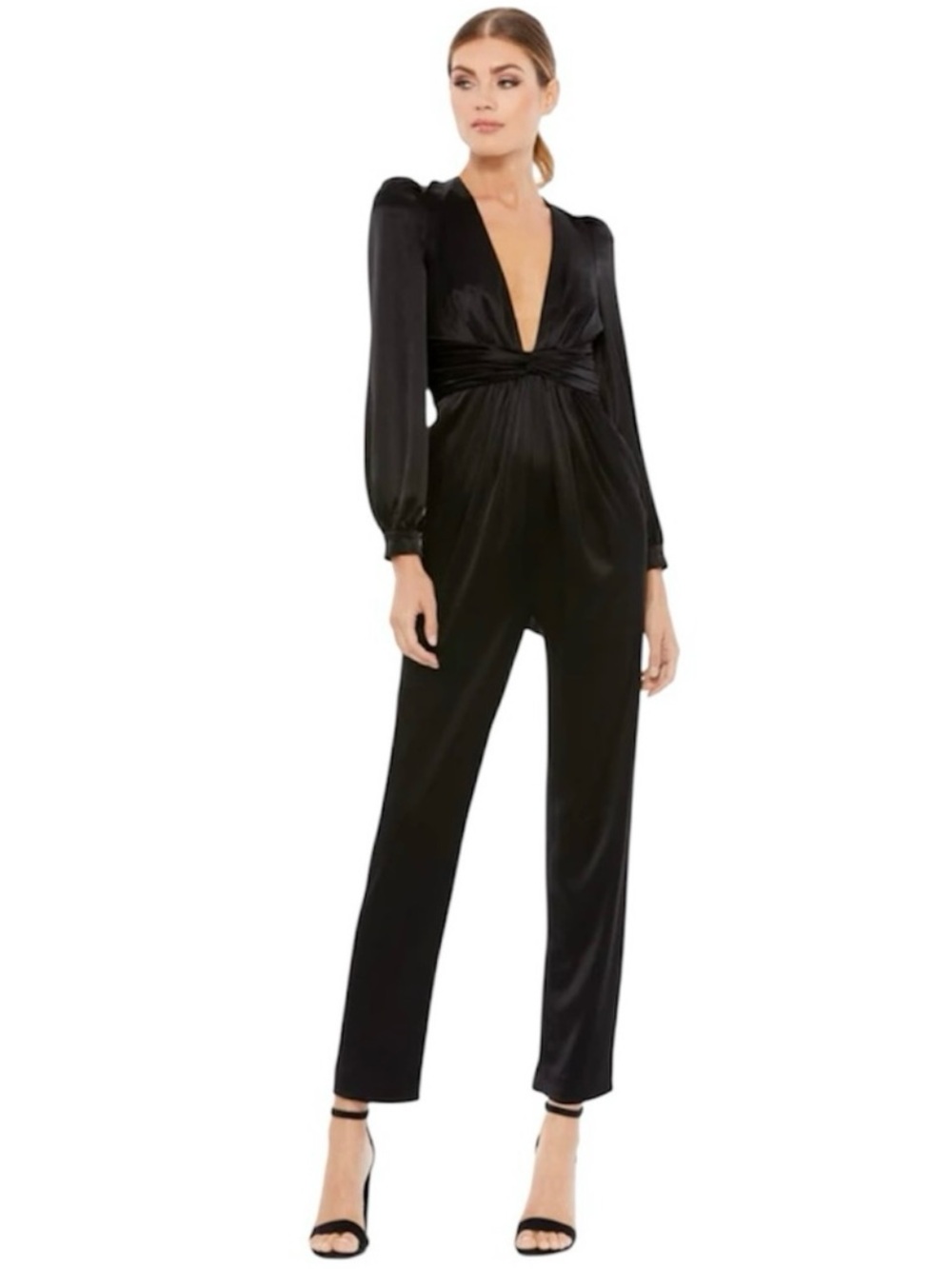 IEENA FOR MAC DUGGAL Front Twist Puff Sleeve Deep V Jumpsuit NEW Size 12 Black